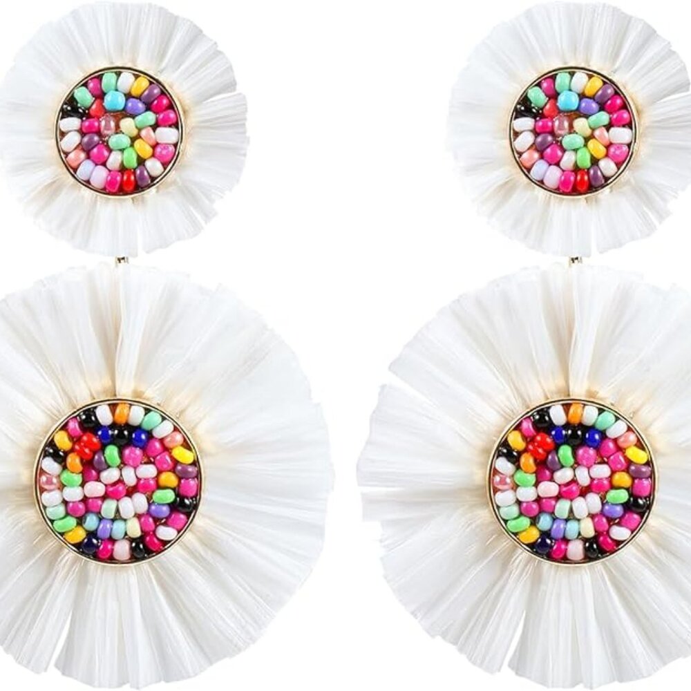 Stack Fringe Drop Beaded Raffia Earrings - Picture 3 of 5